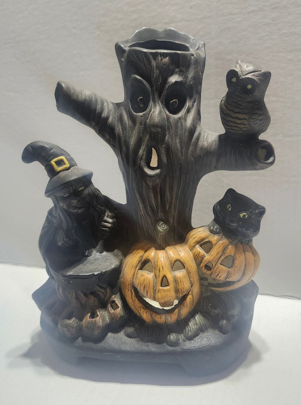 Vintage Modern Lightcraft Halloween Witch Tree Pumpkin Cat Ceramic Light Up